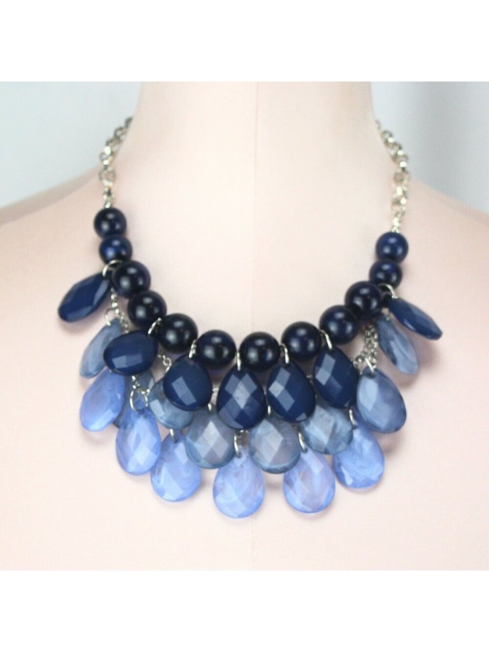 Color Necklace 18"-21" Silver Tone with Blue Teardrop Beads